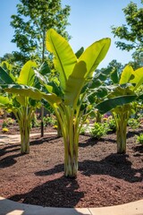 Banana sapling stands tall in open soil, vibrant green leaves stretching upwards, perfect for agriculture, nurseries, and growth concepts.