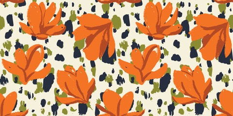 Hand Drawn animal skin and fur print seamless pattern with nature whimsical shapes, spots, dots and lines with textures. Vibrant jungle boho print. Modern exotic collage geometric vector illustration © anya