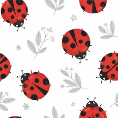 A cute, seamless pattern features charming cartoon ladybugs interspersed with simple grey botanical elements on a white background.