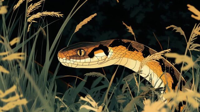 A nocturnal snake's head emerges from tall grass at dusk