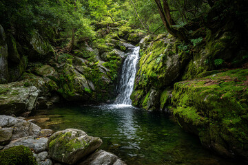Fototapeta premium Small waterfall cascading into a natural pool surrounded by moss-covered rocks, shaded forest lighting