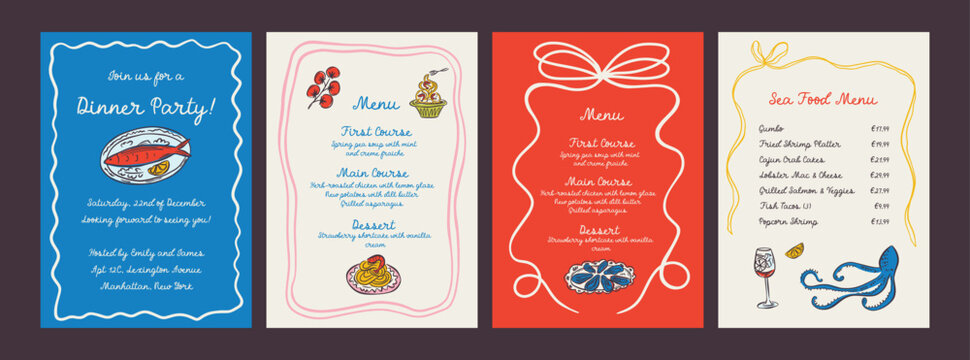 Whimsical hand drawn sea food poster and menu template in trendy whimsical style. Perfect doodle for quirky italian dinner  restaurant and cafe, kitchen wall art, poster,  party, birthday, sign