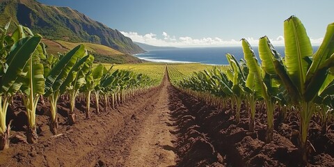Banana plantation lines a broad valley, mountains beyond and bright fields in front, conveying natural abundance and rural landscapes.