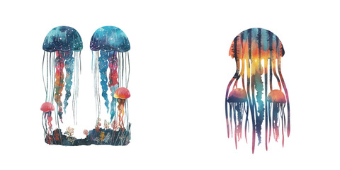 silhouette jellyfish with underwater scene inside watercolor vector illustration