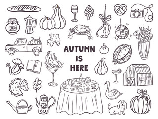 Cute autumn illustration set with hand-drawn icons: pie, acorns, books, mushrooms, and fall leaves. Cozy doodles perfect for stickers, invitations, or harvest themed decor.