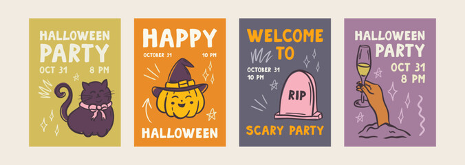 Whimsical Halloween invitation and poster set with pumpkins, ghosts, and spooky doodles. Hand-drawn vector elements perfect for party cards, fliers, or trick-or-treat designs
