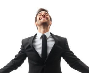 Celebrating success businessman in suit with joyful expression portrait isolated on transparent background, png