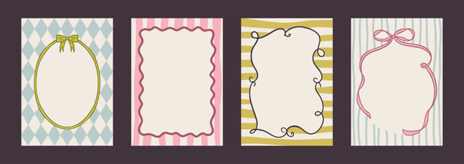 Elegant hand drawn frame set with vintage swirls, ribbons, and bows. Whimsical doodle borders for wedding invitations, greeting cards, or romantic minimalist designs