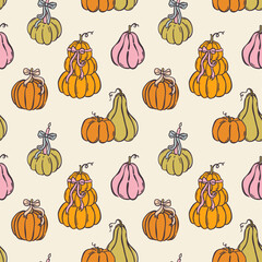 Seamless autumn pattern with cute hand-drawn pumpkins, mushrooms, leaves, and pie. Whimsical doodle design perfect for fall fabric, wrapping paper, or Thanksgiving prints