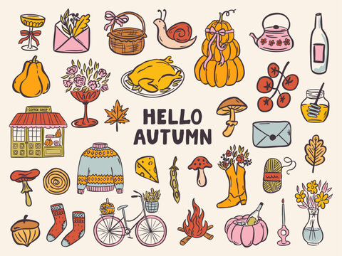 Cozy fall doodle clipart with pumpkins, hot drinks, candles, sweaters, and leaves. Hand-drawn vector set in a cute, whimsical style for seasonal designs and Thanksgiving themes