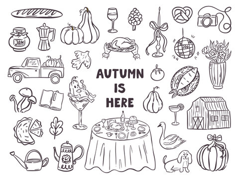 Cute autumn illustration set with hand-drawn icons: pie, acorns, books, mushrooms, and fall leaves. Cozy doodles perfect for stickers, invitations, or harvest themed decor.