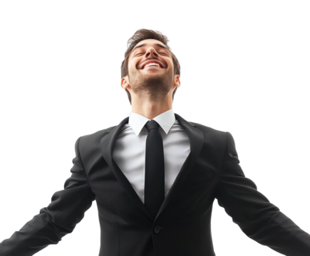 Celebrating success businessman in suit with joyful expression portrait isolated on transparent background, png