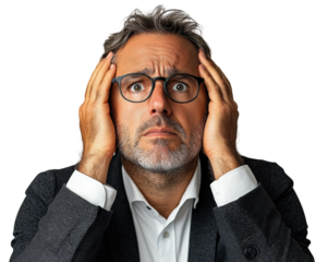 Anxiety overwhelming businessman in office emotional portrait isolated on transparent background, png