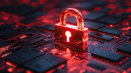 Cybersecurity concept with glowing padlock on a complex circuit board design