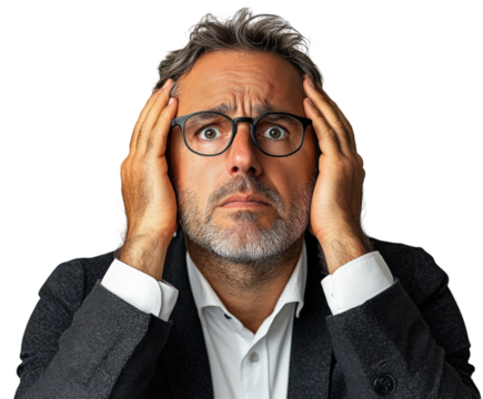 Anxiety overwhelming businessman in office emotional portrait isolated on transparent background, png
