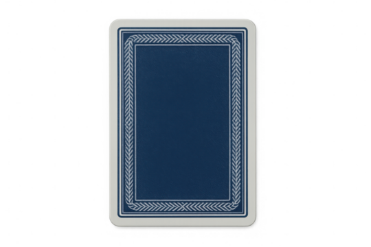 Playing card back featuring textured blue design with white decorative border, resting against transparent backdrop