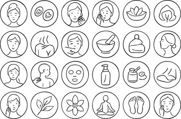 Skincare and wellness icons facial treatments body care natural elements beauty