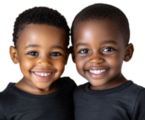 Joyful smiles of two young boys portrait bright isolated on transparent background, png