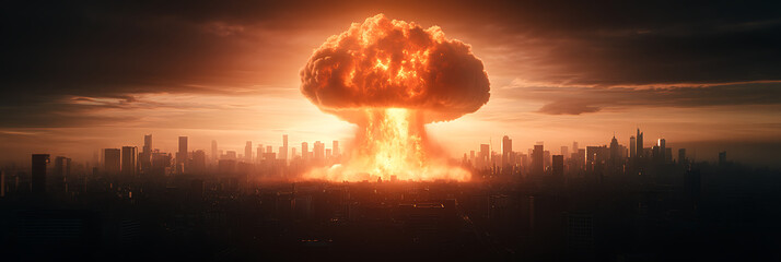 Dramatic cityscape engulfed in mushroom cloud: fiery blast over urban skyline. A powerful, symbolic image representing destruction.