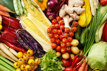 Fresh ripe colorful vegetables from market, summer or autumn farm harvest background, healthy diet vegetarian food, selective focus