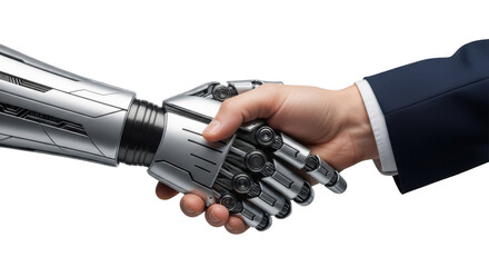 Close up of a human hand in a business suit shaking hands with a futuristic metallic robot arm isolated on transparent background