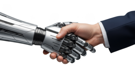 Close up of a human hand in a business suit shaking hands with a futuristic metallic robot arm isolated on transparent background