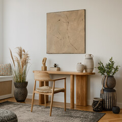Natural wood desk paired with a stylish chair and minimalist decor, ideal for creating a peaceful...