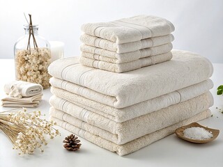 Stack of white pure soft towels on a white background