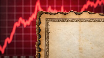 A vintage document with a torn edge is juxtaposed against a modern red graph, symbolizing the contrast between history and contemporary data trends.