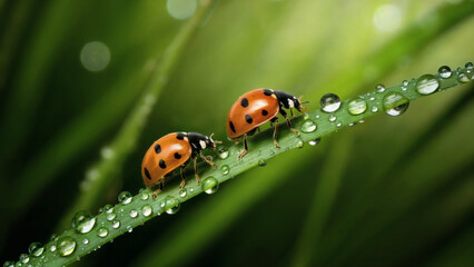 Obraz premium Ladybugs on Dewdrop Leaf