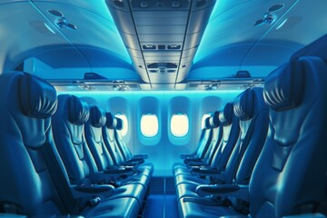 Fototapeta premium Rows of empty airplane seats illuminated by blue light create a calming atmosphere for passengers preparing for a comfortable flight