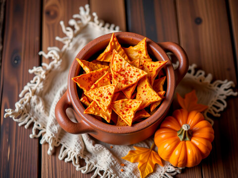 Crunchy nacho chips in a bowl with pumpkin and autumn leaves