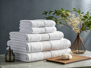 Stack of white pure soft towels on a white background