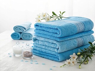 Stack of blue pure soft towels on a white background