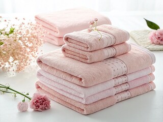 Stack of pink pure soft towels on a white background