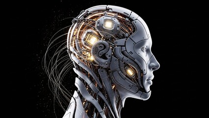 Humanoid AI Head with Internal Mechanics isolated on black background, generative AI
