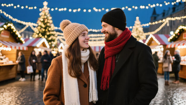 Happy couple enjoying Christmas market evening with lights, decorations, and festive wooden stalls in winter city atmosphere - Powered by Adobe
