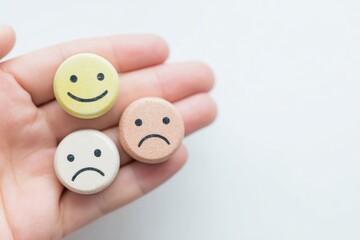 Happy and sad smiley faces are held in hand, showcasing mix of emotions. colorful round tokens represent feelings, creating playful and expressive scene