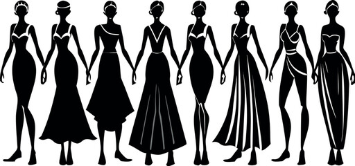 Black Silhouettes Women Wearing Dresses Group