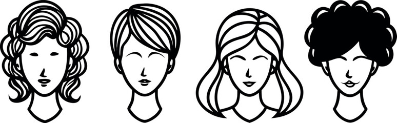 Black Silhouettes Various Hairstyles Clean Background