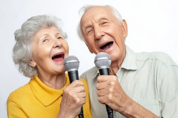 Elderly couple joyfully singing karaoke at home, sharing laughter and happiness while holding microphones. Their expressions reflect love and enjoyment in this delightful moment