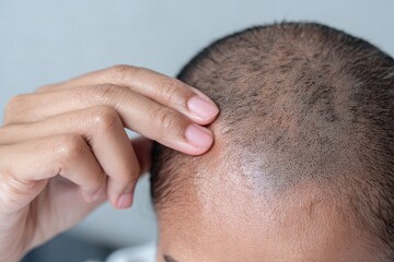 Fototapeta premium Close up of hairless head being examined by hand, showcasing smooth scalp and skin texture. image conveys sense of curiosity and self examination