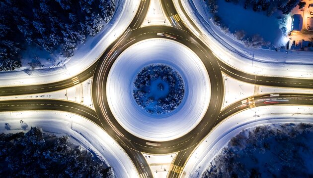 Aerial view of a snowy roundabout at night