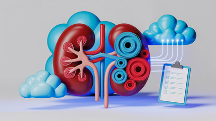 Anatomical kidney with interlocking gears and digital data flow to checklist anatomy medical