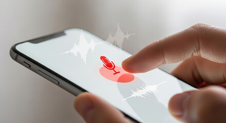 Voice recording, finger tapping red microphone icon on smartphone screen with sound waves, concept of audio message, speech recognition and digital assistant
