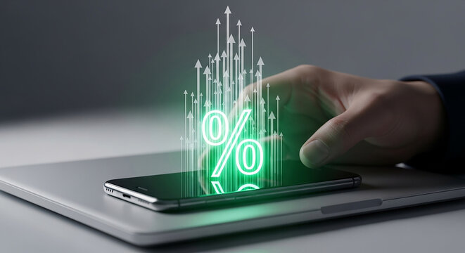 Interest rate growth, glowing green percent symbol with upward arrows rising from smartphone, concept of financial increase, investment returns and digital economy
