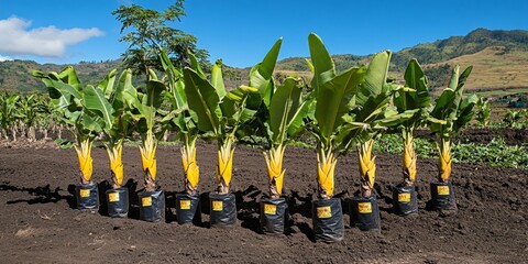 A neat row of banana seedlings in black pots grows on open soil under the sun, with mountain scenery behind, representing sustainable agriculture and care.