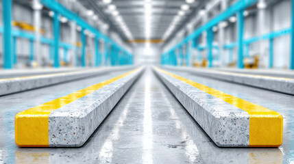 Heavy machinery transporting steel slabs in a factory setting, showcasing industrial operations and processes.