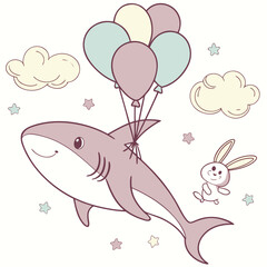 Delightful Gentle Shark in a Ocean Dreams scene – Soft Pastel vector illustration