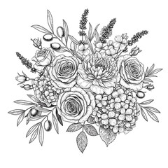 Vintage black and white engraved wedding bouquet - multiple roses, peonies, olive branches, lavender, hydrangea, detailed botanical etching, ornate engraving style